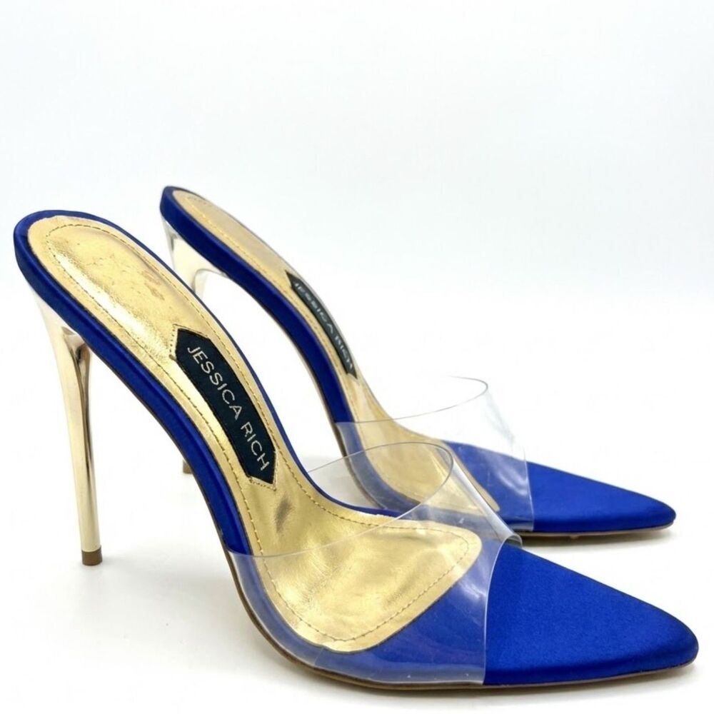 Jessica Rich Stiletto Mules 8 38 Pump Clear Strap Minimalist Sexy Blue Gold Racy